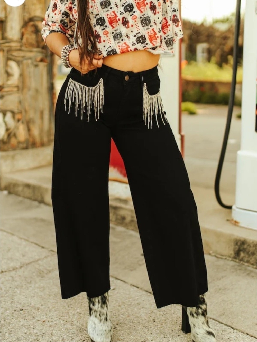 NEW! Lucky & Blessed Black WideLeg Pants w/ Silver Faux Diamond Pocket Decor,NWT